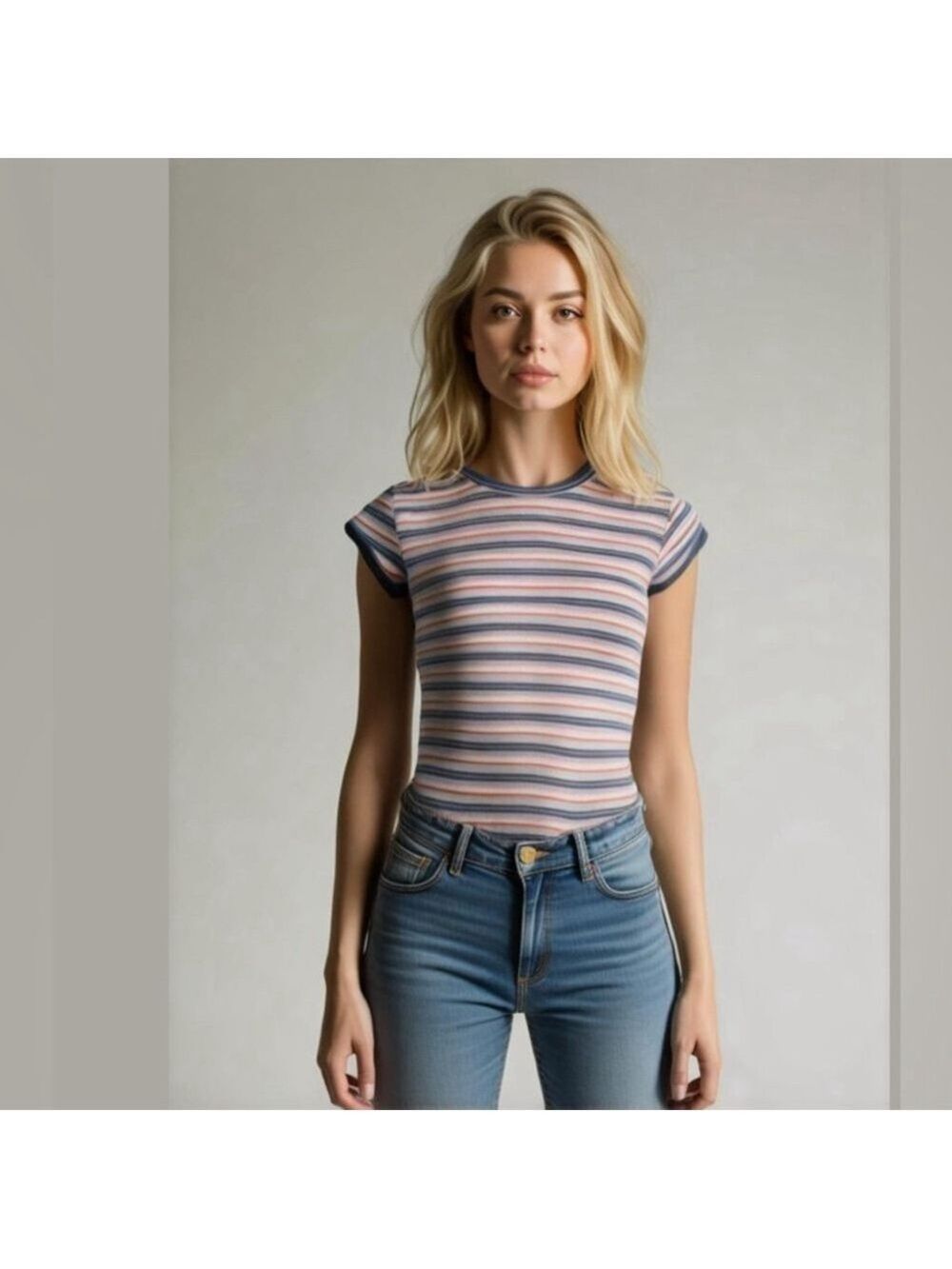 Y2K striped baby tee Hot Kiss rib lettuce hem fitted tee